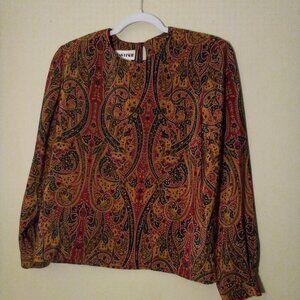 Joan Leslie Blouse Women 12P 12 Petite Long Sleeve Paisley Pattern Brown Red
